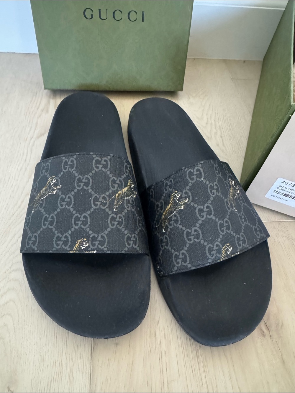 Worn Once-Gucci Black GG Supreme Slides with Gold Tiger Motif Sz 12